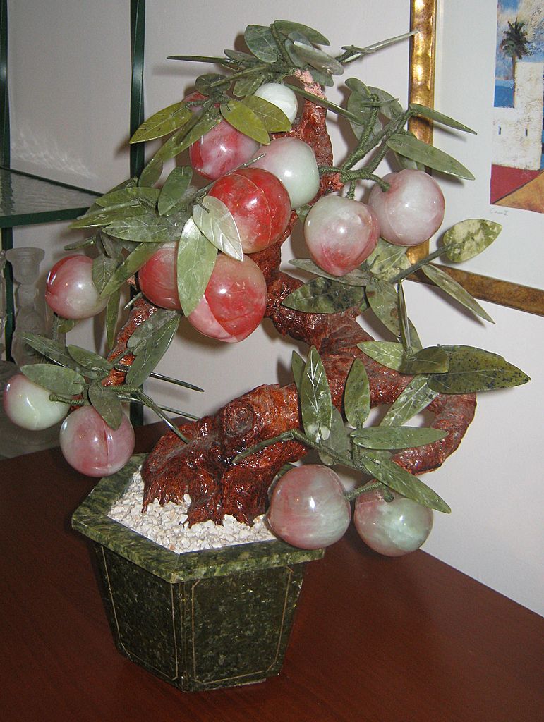 Chinese Hardstone & Jade Plum or Peach Tree Planter- Unusual Chinese Hardstone & Jade Plum or Peach Tree Planter- Unusual