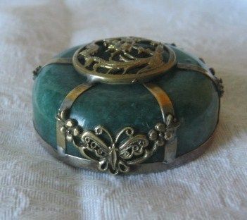 Signed Small Hardstone Covered Box With Guan Yin Signed Small Hardstone Covered Box With Guan Yin