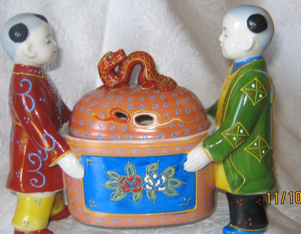 Chinese Incense Burner - Two Children carrying Covered Box With Dragon Chinese Incense Burner - Two Children carrying Covered Box With Dragon