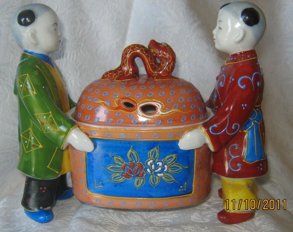 Chinese Incense Burner - Two Children carrying Covered Box With Dragon Chinese Incense Burner - Two Children carrying Covered Box With Dragon