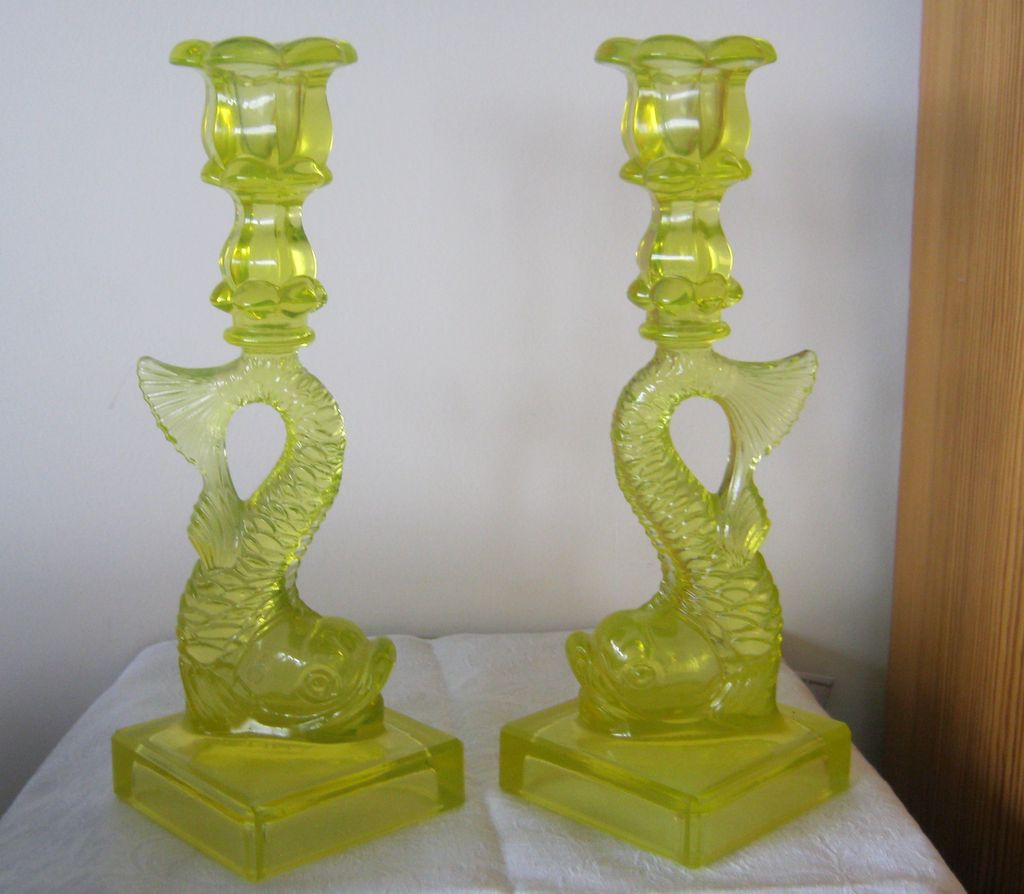 Vaseline Glass Dolphin Candlestick - Imperial Glass For MMA Vaseline Glass Dolphin Candlestick - Imperial Glass For MMA