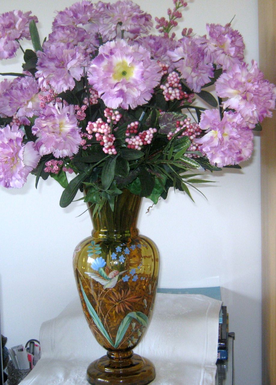 Tall Bohemian Vase With Painted Bird and Leaves Tall Bohemian Vase With Painted Bird and Leaves