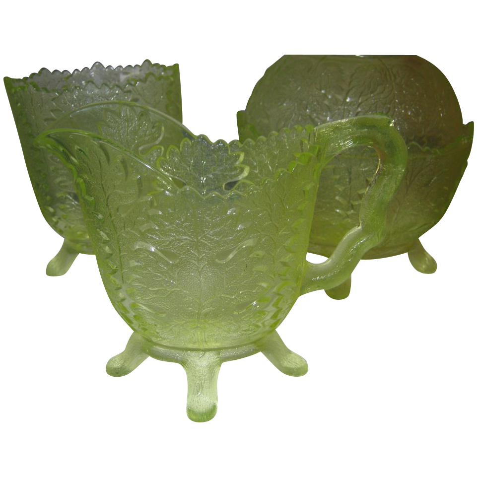 EAPG Maple Leaf Sugar & Cover, Creamer & Spoon Holder - Vaseline Glass EAPG Maple Leaf Sugar & Cover, Creamer & Spoon Holder - Vaseline Glass
