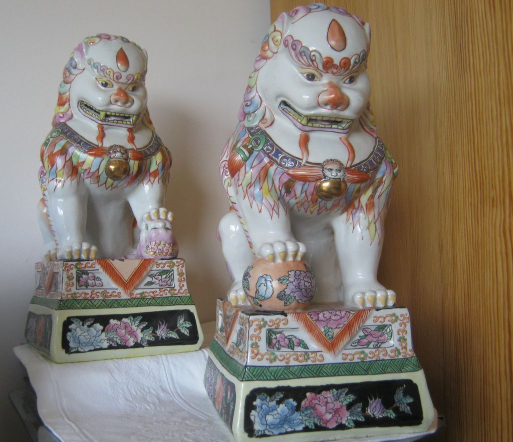 Large Vintage Macau Porcelain Foo Dogs - C 1960 or after Large Vintage Macau Porcelain Foo Dogs - C 1960 or after