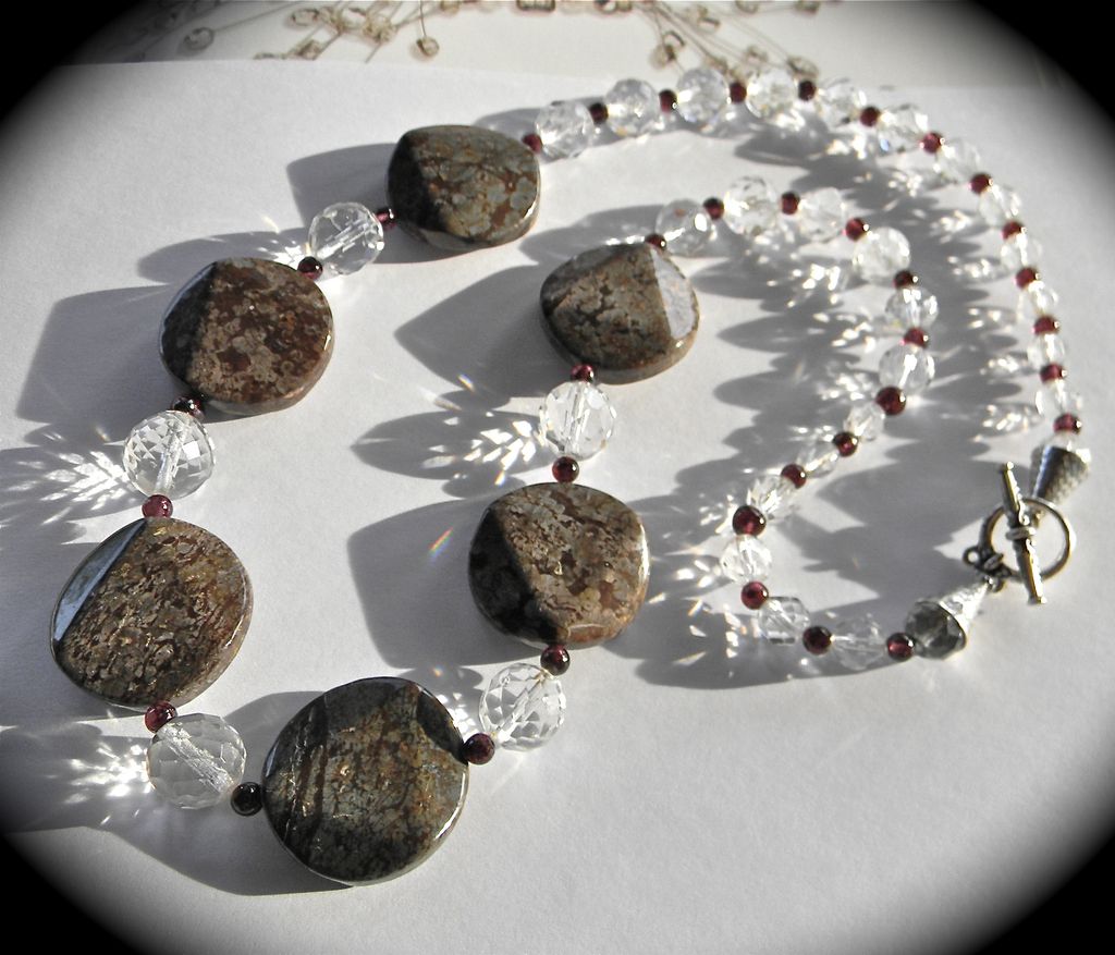 Natural Moss Agate Coin Necklace with Swarovski Crystals Natural Moss Agate Coin Necklace with Swarovski Crystals