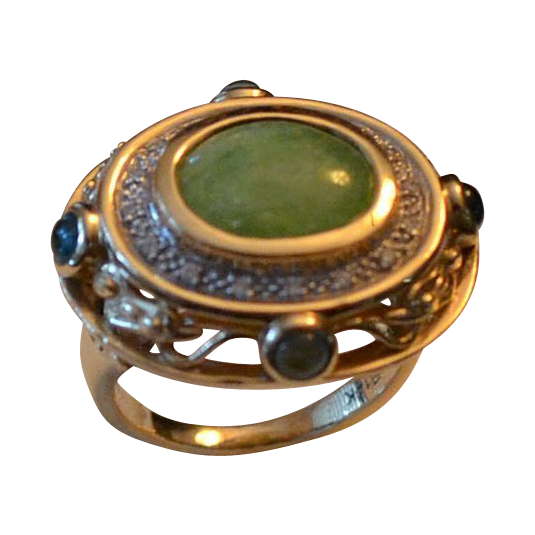 Estate 14k Gold Jadeite, Diamond & Gemstone Ring Estate 14k Gold Jadeite, Diamond & Gemstone Ring