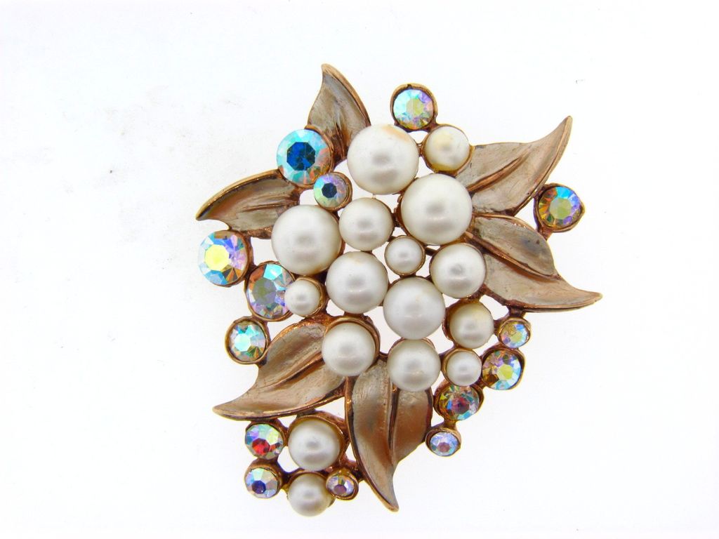SALE Large floral designed brooch with enamel leaves, imitation pearls and rhinestones SALE Large floral designed brooch with enamel leaves, imitation pearls and rhinestones