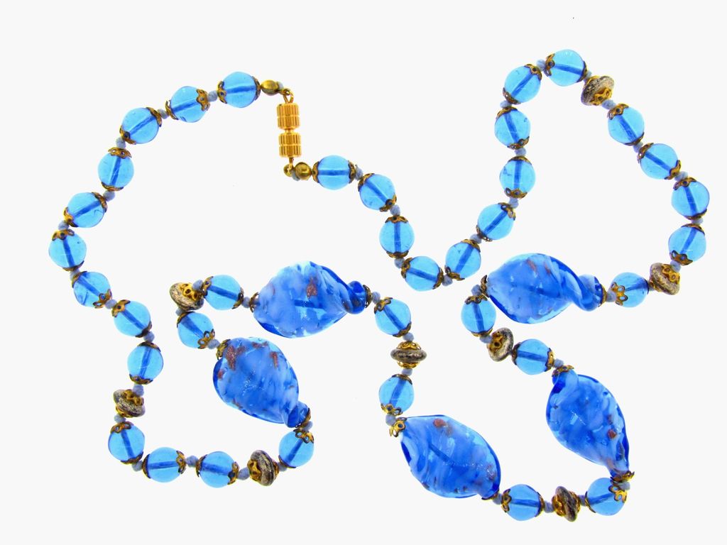 SALE Very nice blue cased art glass bead necklace SALE Very nice blue cased art glass bead necklace