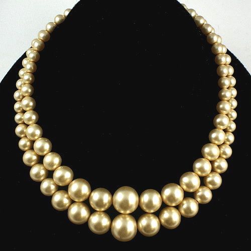 Double strand choker cream to golden glass bead necklace Art Deco clasp Double strand choker cream to golden glass bead necklace Art Deco clasp