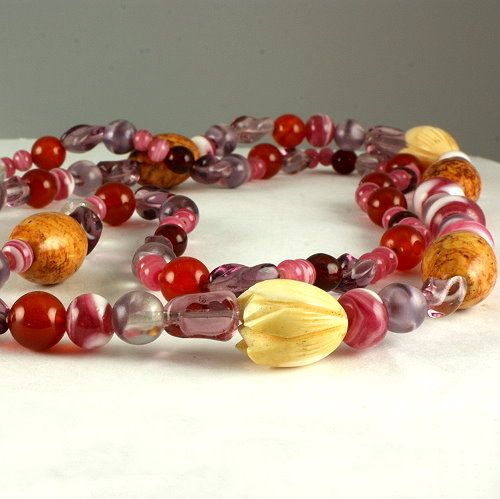 Beautiful Art Glass, carved bone Tulips, mottled brown glass beads 36 inch necklace Beautiful Art Glass, carved bone Tulips, mottled brown glass beads 36 inch necklace