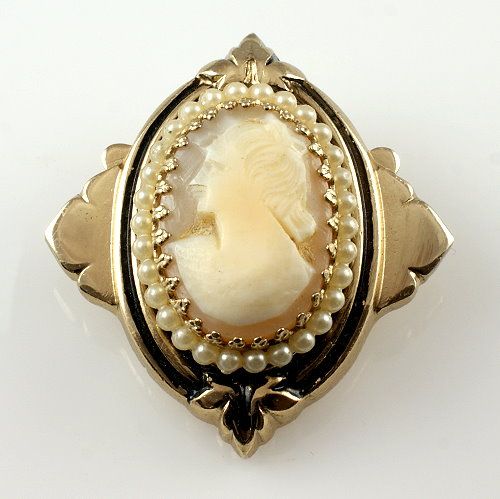 Designer signed "CORO" Shell Cameo brooch gold tone base & imitation pearls Designer signed "CORO" Shell Cameo brooch gold tone base & imitation pearls