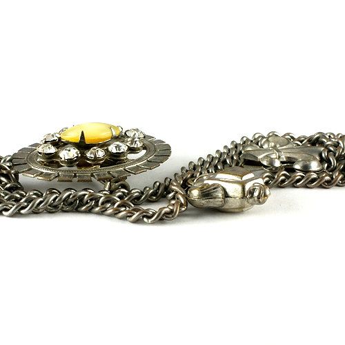 Very nice Chatelaine double heavy chain with dual brooches silver tone Very nice Chatelaine double heavy chain with dual brooches silver tone
