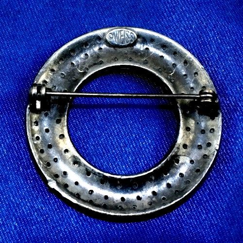 Designer signed "Weiss" circular brooch open center silver tone heavy patina Designer signed "Weiss" circular brooch open center silver tone heavy patina