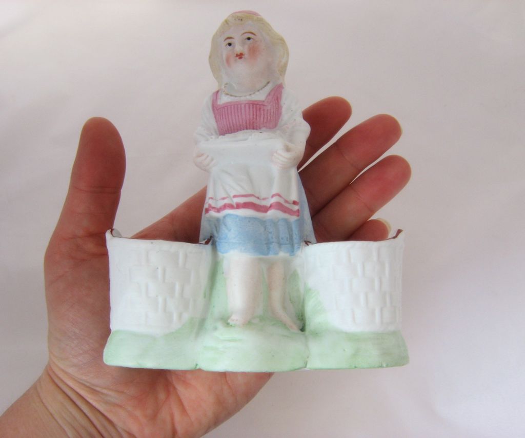 German Bisque Spill Vases Figurine girl w/ Fish Early 1900s German Bisque Spill Vases Figurine girl w/ Fish Early 1900s