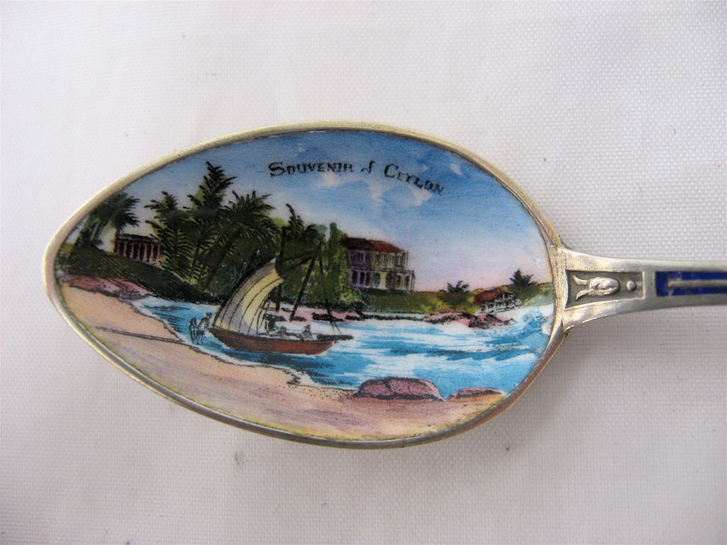 Early 1900s Hand Painted Ceylon Scene Silver Enamel Spoon Early 1900s Hand Painted Ceylon Scene Silver Enamel Spoon