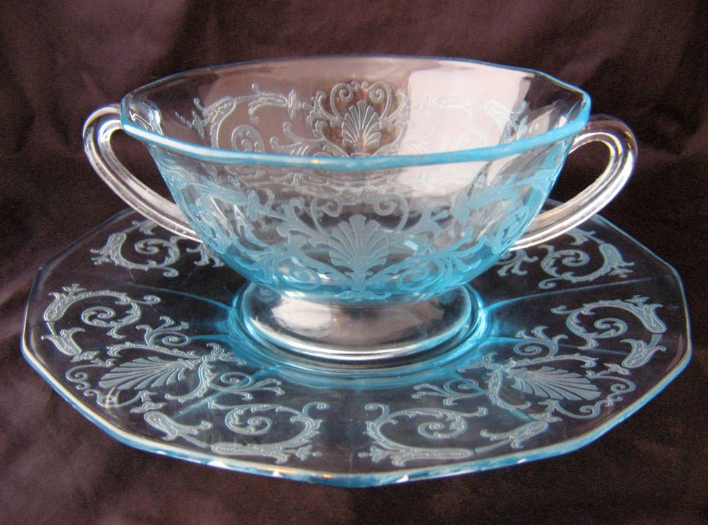 Fostoria Versailles Azure Blue Handled Cream Soup w/Liner Saucer Fostoria Versailles Azure Blue Handled Cream Soup w/Liner Saucer