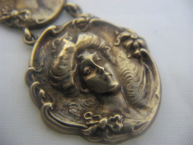 Ca 1900 Art Nouveau Gilt Sterling Watch Fob Women's Heads Ca 1900 Art Nouveau Gilt Sterling Watch Fob Women's Heads