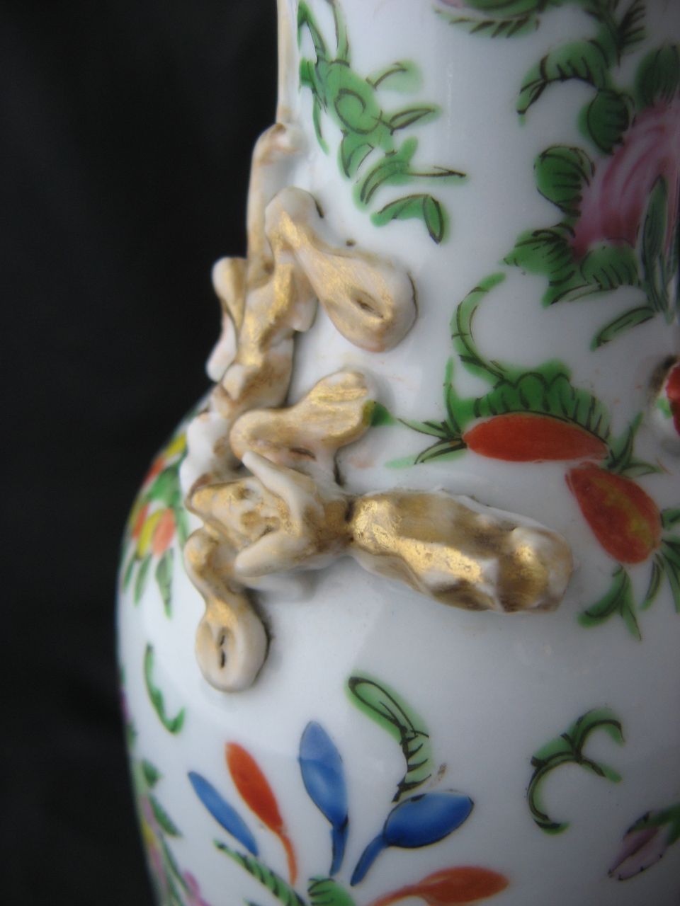 Antique Chinese Famille Rose Canton Vase Gold Dragons in Relief Antique Chinese Famille Rose Canton Vase Gold Dragons in Relief