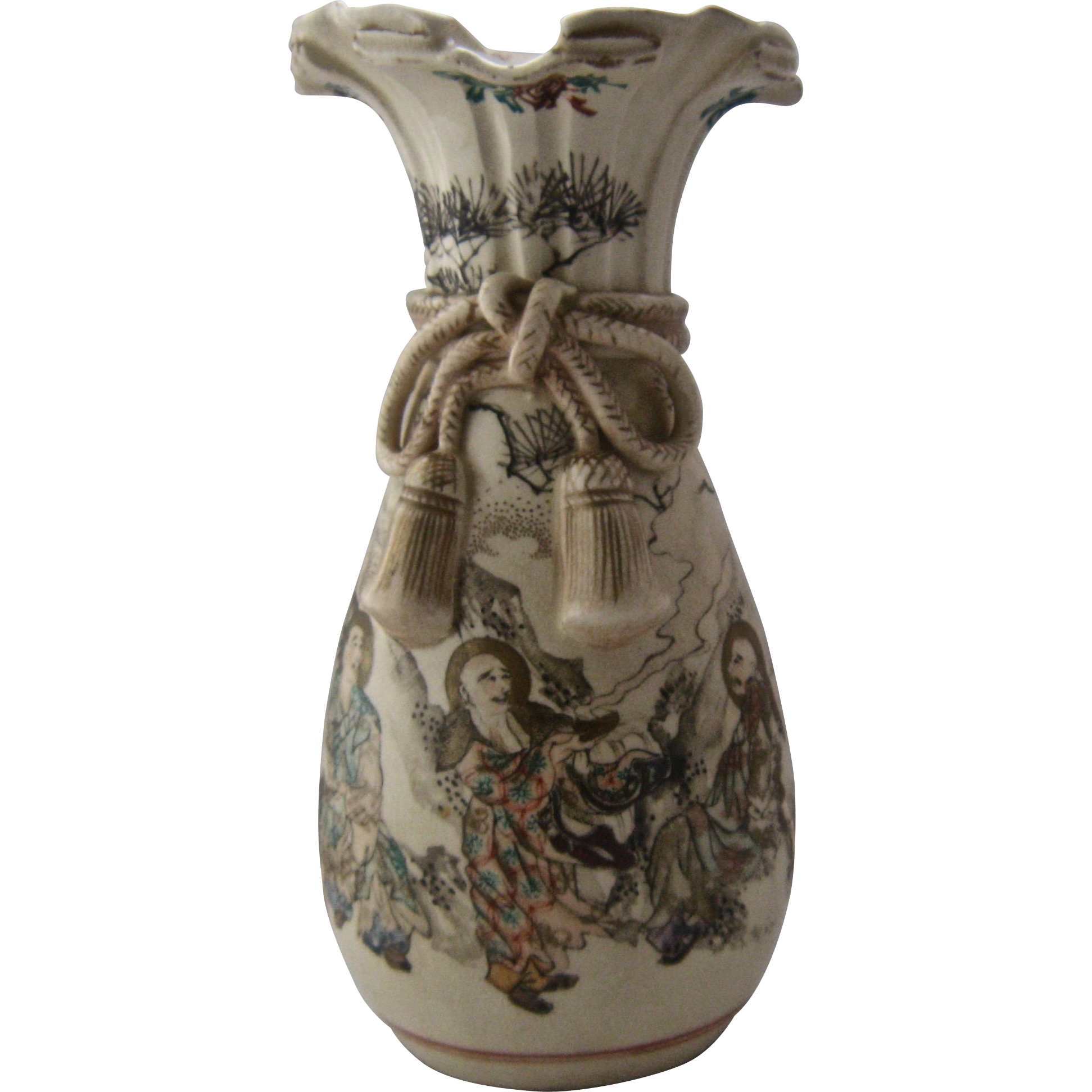 Meiji Period Japanese Satsuma Vase Sack Shape w/ Cord Tassels Meiji Period Japanese Satsuma Vase Sack Shape w/ Cord Tassels