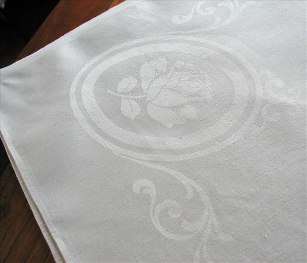Square Antique Linen Damask Tablecloth Roses 72 x 69 Square Antique Linen Damask Tablecloth Roses 72 x 69