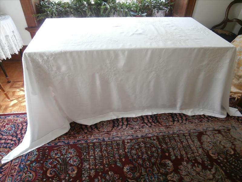 French Linen Tablecloth Big Hand Embroidered Bows Flowers French Linen Tablecloth Big Hand Embroidered Bows Flowers