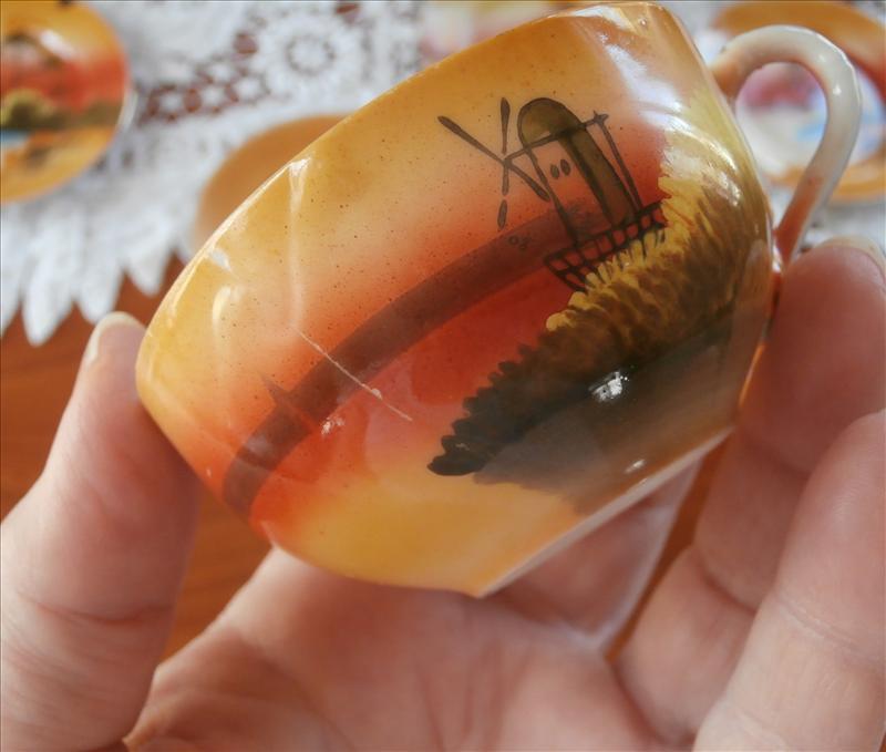 Child's Tea Set Japan Hand Painted China Orange Windmills Sunset Child's Tea Set Japan Hand Painted China Orange Windmills Sunset