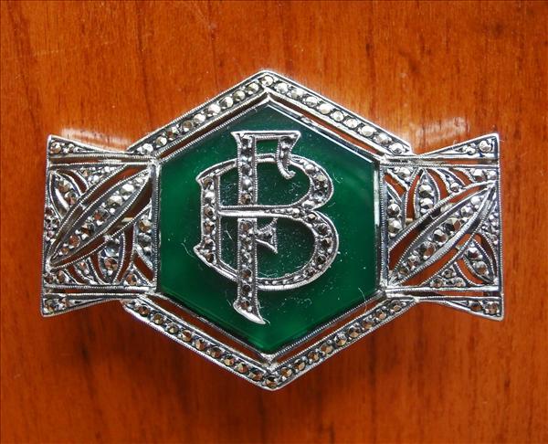 Art Deco Brooch Monogram F B or B F Silver Agate Marcasite Art Deco Brooch Monogram F B or B F Silver Agate Marcasite