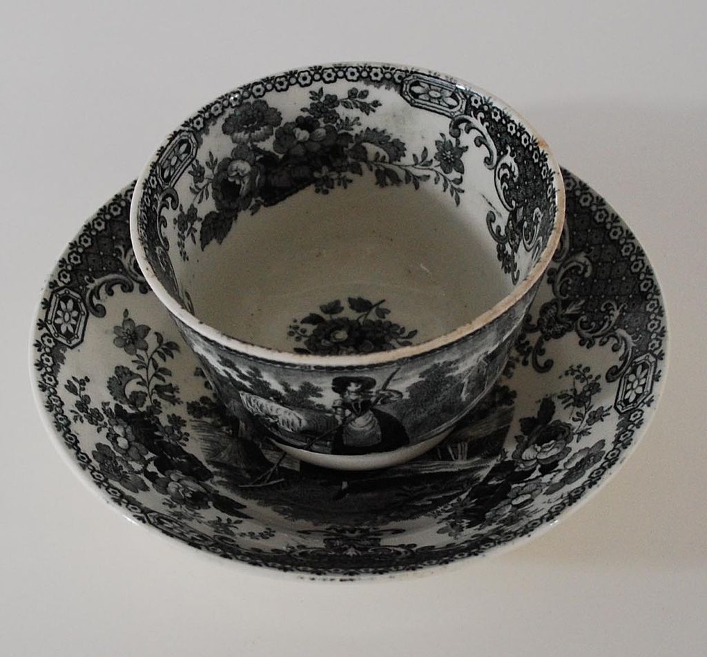 Antique: Romantic, English Staffordshire Fingerless Cup & Saucer (Tea Bowl & Saucer), Black & White Transferware Antique: Romantic, English Staffordshire Fingerless Cup & Saucer (Tea Bowl & Saucer), Black & White Transferware