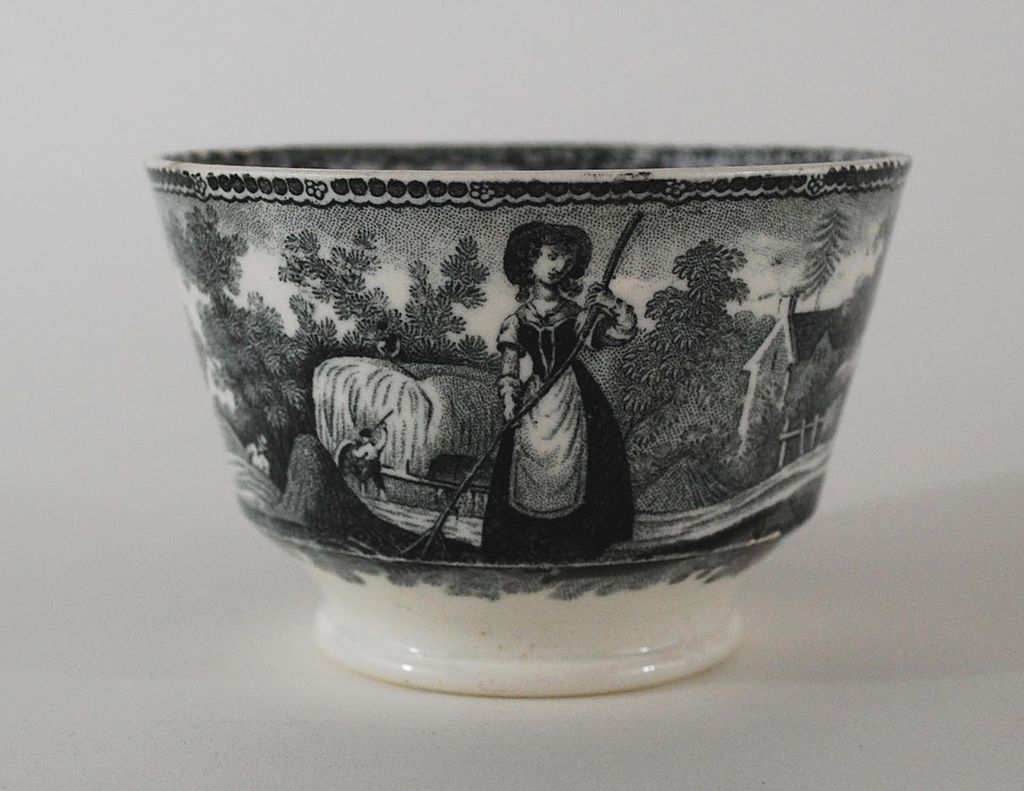 Antique: Romantic, English Staffordshire Fingerless Cup & Saucer (Tea Bowl & Saucer), Black & White Transferware Antique: Romantic, English Staffordshire Fingerless Cup & Saucer (Tea Bowl & Saucer), Black & White Transferware