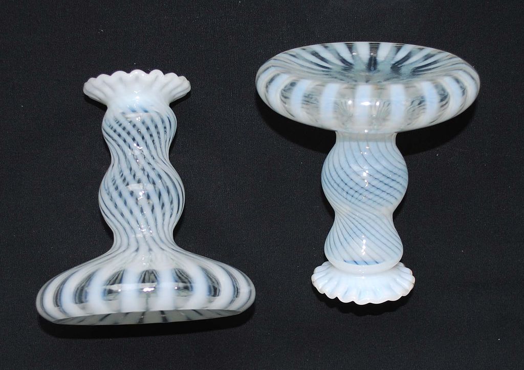 A Pair of Opalescent Swirl Candlestick Holders, Vintage A Pair of Opalescent Swirl Candlestick Holders, Vintage