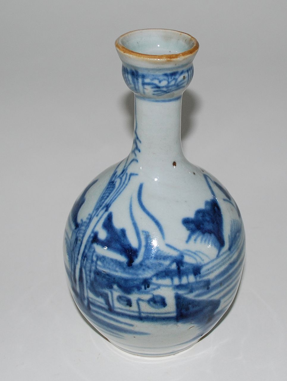 Antique Porcelain Canton Blue & White Bottle Vase Antique Porcelain Canton Blue & White Bottle Vase