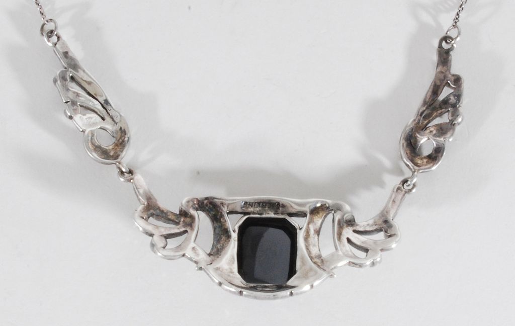 Lady's Sterling Silver Marcasite & Black Onyx Pendant, Vintage Lady's Sterling Silver Marcasite & Black Onyx Pendant, Vintage