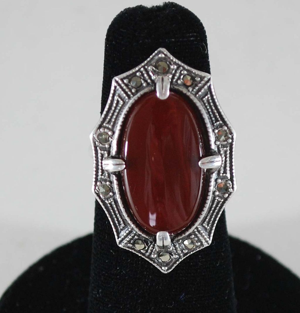 Art Deco Sterling Silver Ladies Marcasite Carnelian Ring, Vintage Art Deco Sterling Silver Ladies Marcasite Carnelian Ring, Vintage