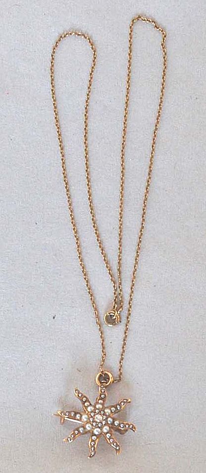 Antique 10K Gold Starburst Pendant & Brooch, Pearls and Diamond Antique 10K Gold Starburst Pendant & Brooch, Pearls and Diamond