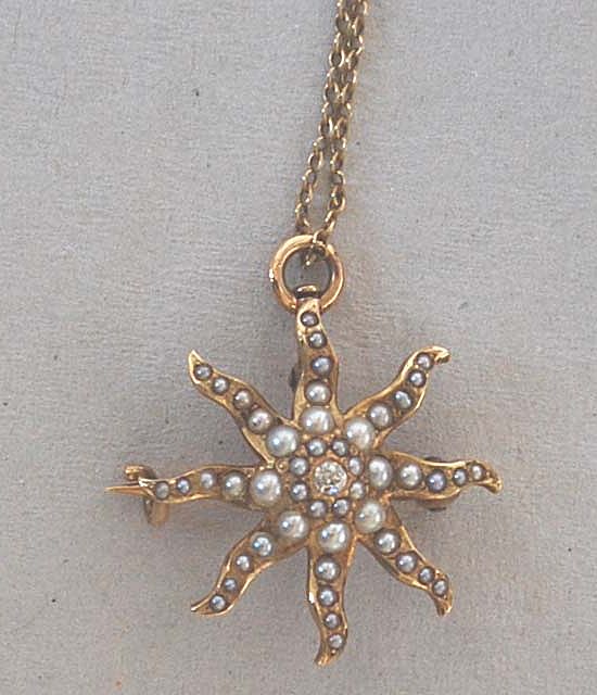Antique 10K Gold Starburst Pendant & Brooch, Pearls and Diamond Antique 10K Gold Starburst Pendant & Brooch, Pearls and Diamond