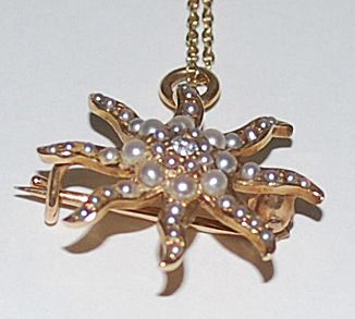 Antique 10K Gold Starburst Pendant & Brooch, Pearls and Diamond Antique 10K Gold Starburst Pendant & Brooch, Pearls and Diamond