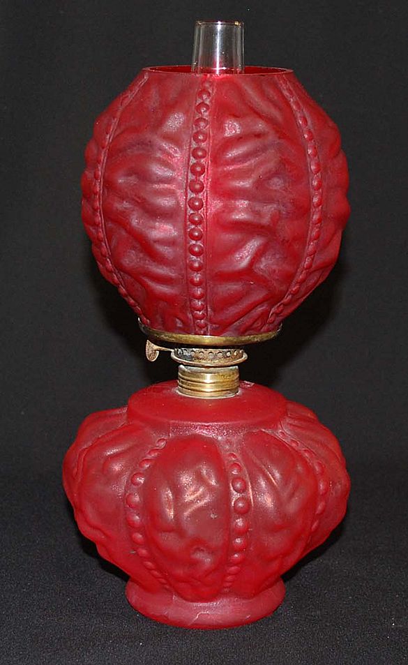 Antique Red Satin Glass Miniature Lamp, Gone-with-the-Wind Style Antique Red Satin Glass Miniature Lamp, Gone-with-the-Wind Style