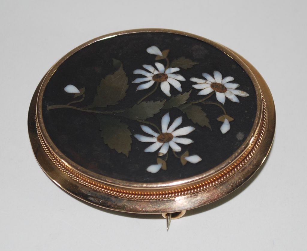 Antique Pietra Dura Brooch, 14K Antique Pietra Dura Brooch, 14K