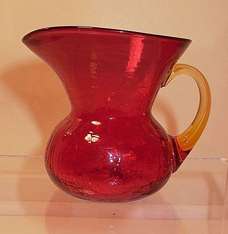 Crackle Glass Ruby with Yellow Handle Pitcher by Rainbow Crackle Glass Ruby with Yellow Handle Pitcher by Rainbow