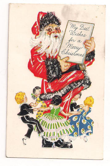 Santa holds a Card with Children Dancing Around Him Postcard Santa holds a Card with Children Dancing Around Him Postcard