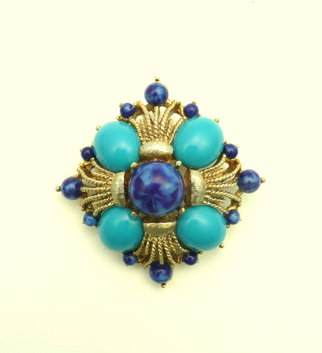 Vintage Maltese Cross Pin Faux Turquoise Cabochons & Lapis Beads Vintage Maltese Cross Pin Faux Turquoise Cabochons & Lapis Beads