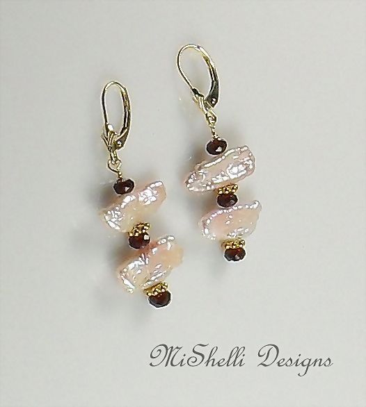 14K Gold Garnet and Pearl Stick Earrings 14K Gold Garnet and Pearl Stick Earrings