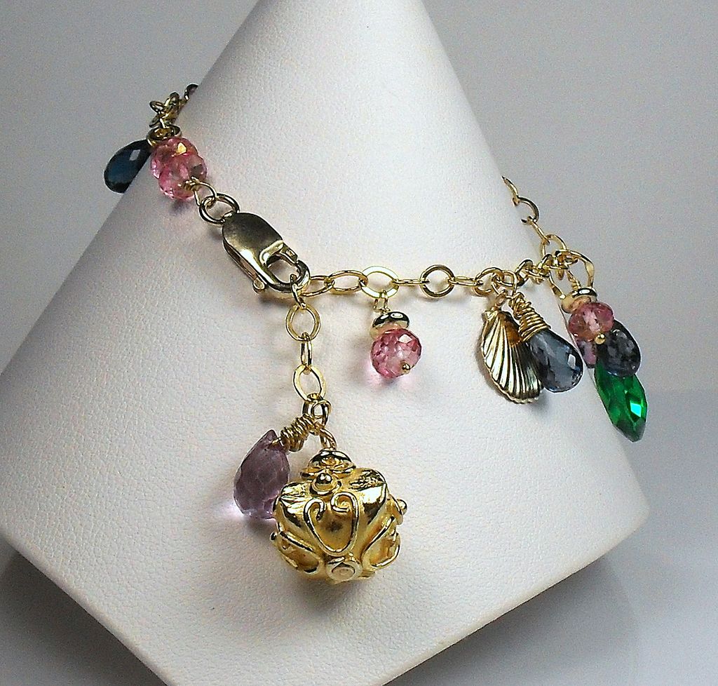 Mystic Pink Quartz London Blue Topaz Gemstone Vermeil Gold Filled Charm Bracelet Mystic Pink Quartz London Blue Topaz Gemstone Vermeil Gold Filled Charm Bracelet