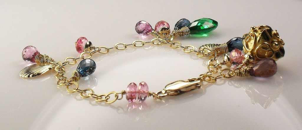 Mystic Pink Quartz London Blue Topaz Gemstone Vermeil Gold Filled Charm Bracelet Mystic Pink Quartz London Blue Topaz Gemstone Vermeil Gold Filled Charm Bracelet