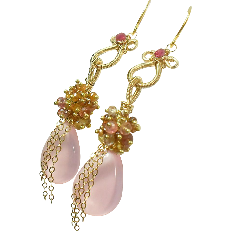 Pink Chalcedony Spinel Gemstone Gold Filled Tendril Elegant Earrings Pink Chalcedony Spinel Gemstone Gold Filled Tendril Elegant Earrings