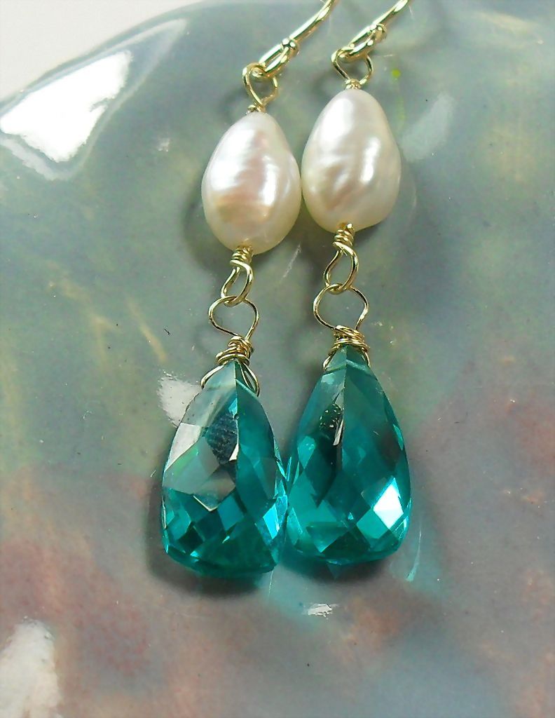 14K Gold Teal Quartz Pearl Earrings 14K Gold Teal Quartz Pearl Earrings