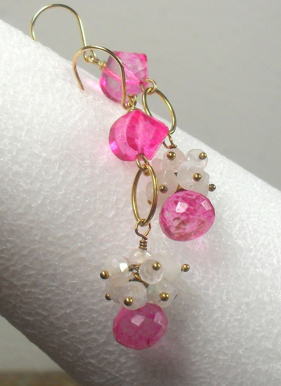 Pink Quartz Rainbow Moonstone Gold Filled Dangle Earrings Pink Quartz Rainbow Moonstone Gold Filled Dangle Earrings