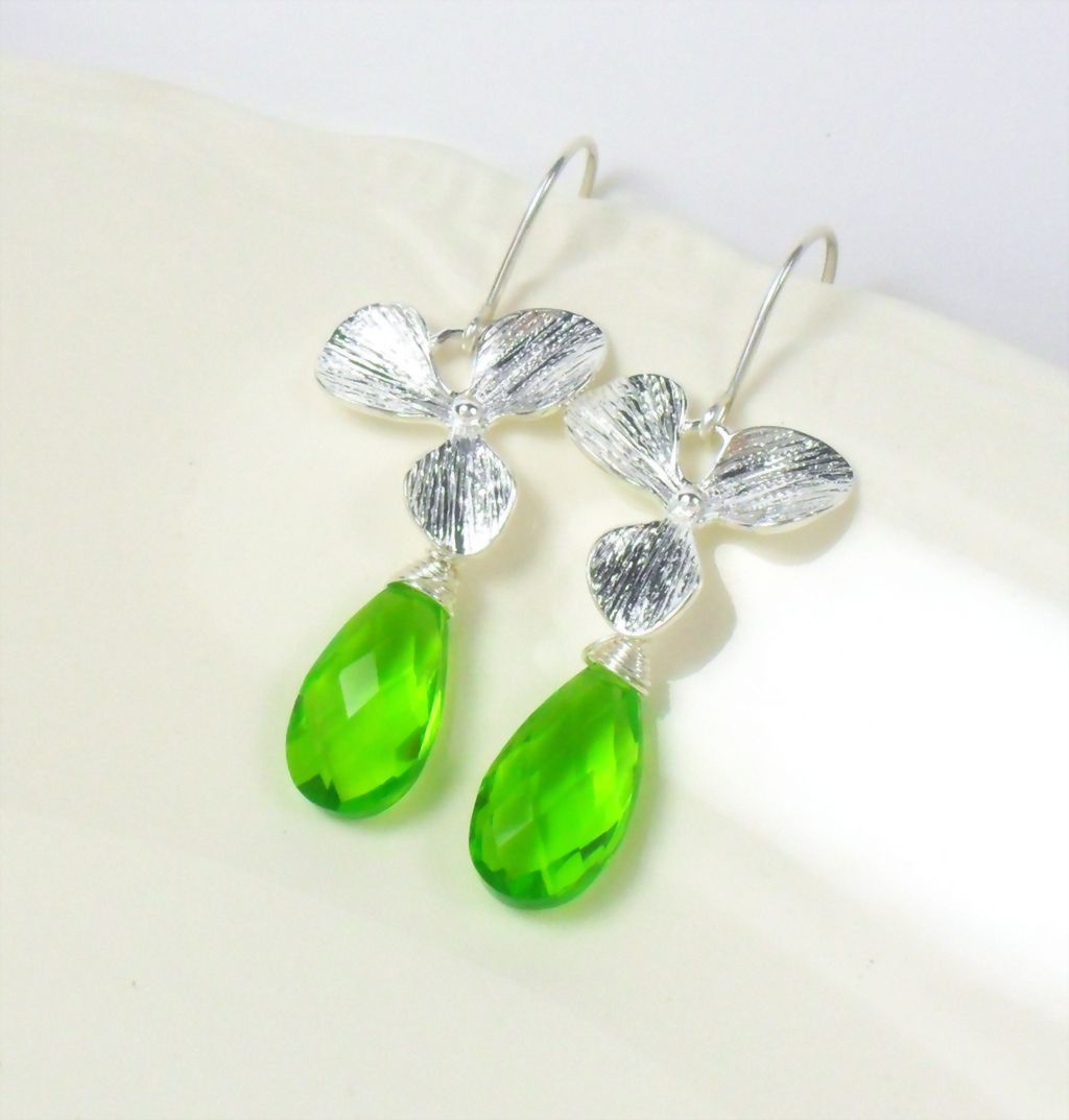 Neon Green Quartz Orchid Sterling Dangle Earrings Neon Green Quartz Orchid Sterling Dangle Earrings