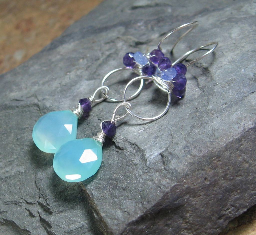 Aqua Chalcedony Amethyst Tanzanite Sterling Chandelier Earrings Aqua Chalcedony Amethyst Tanzanite Sterling Chandelier Earrings