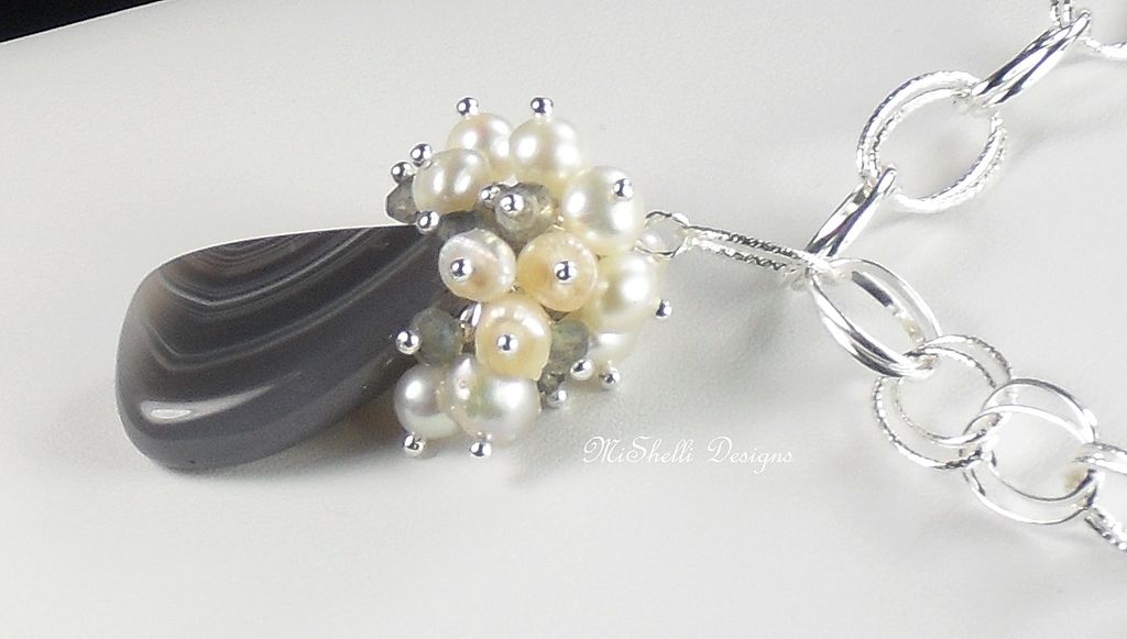 Botswana Agate Labradorite Freshwater Pearl Cluster Sterling Necklace Botswana Agate Labradorite Freshwater Pearl Cluster Sterling Necklace